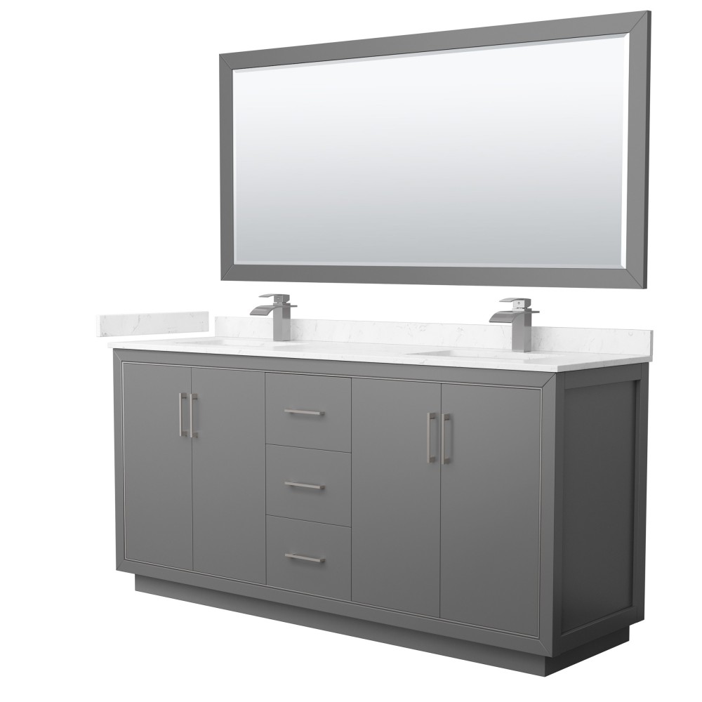 Icon 72" Double Vanity in Dark Gray, Carrara Marble Top, Nickel Trim, 70" Mirror