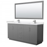 Icon 72" Double Vanity in Dark Gray, White Marble Top, Nickel Trim, 70" Mirror