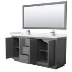 Icon 72" Double Vanity in Dark Gray, White Marble Top, Nickel Trim, 70" Mirror