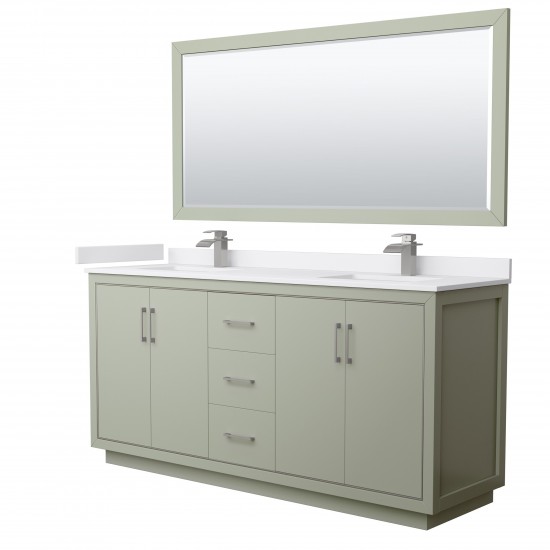 Icon 72" Double Vanity in Light Green, White Marble Top, Nickel Trim, 70" Mirror