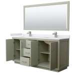 Icon 72" Double Vanity in Light Green, White Marble Top, Nickel Trim, 70" Mirror