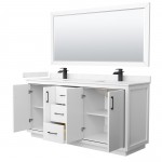 Icon 72" Double Vanity in White, Carrara Marble Top, Black Trim, 70" Mirror