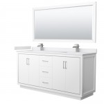 Icon 72" Double Vanity in White, White Marble Top, Nickel Trim, 70" Mirror