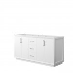 Strada 66 Inch Double Vanity in White, No Countertop, Brushed Nickel Trim