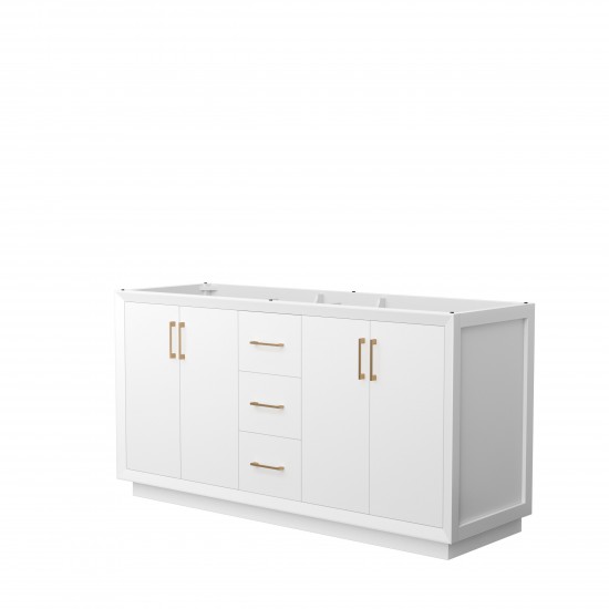 Strada 66 Inch Double Vanity in White, No Countertop, Satin Bronze Trim