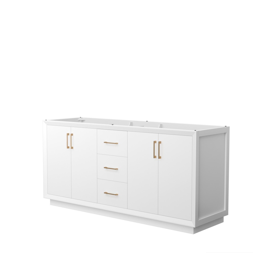 Strada 72 Inch Double Vanity in White, No Countertop, Satin Bronze Trim Strada 72 Inch Double Vanity in White, No Countertop, Satin Bronze Trim