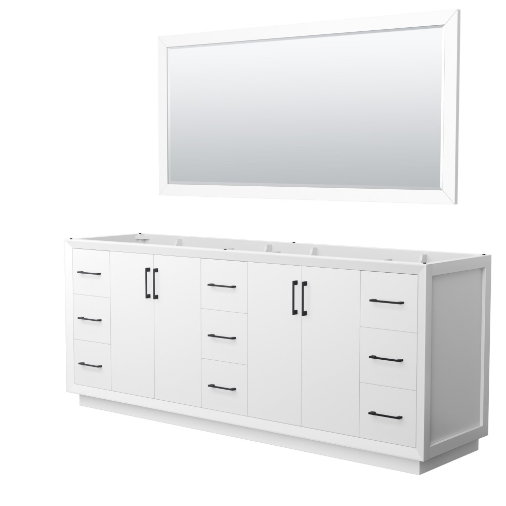 Strada 84 Inch Double Vanity in White, Matte Black Trim, 70 Inch Mirror