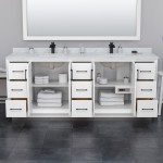 Strada 84 Inch Double Vanity in White, Satin Bronze Trim, 70 Inch Mirror