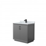 Strada 36 Inch Single Vanity in Gray, White Carrara Marble top,Sink, Black Trim