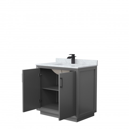 Strada 36 Inch Single Vanity in Gray, White Carrara Marble top,Sink, Black Trim