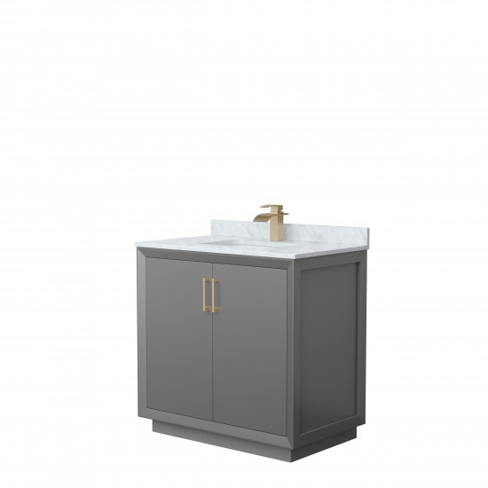 Strada 36" Single Vanity in Gray, White Carrara Marble Top, Sink, Bronze Trim