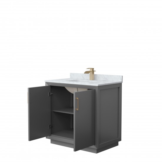 Strada 36" Single Vanity in Gray, White Carrara Marble Top, Sink, Bronze Trim