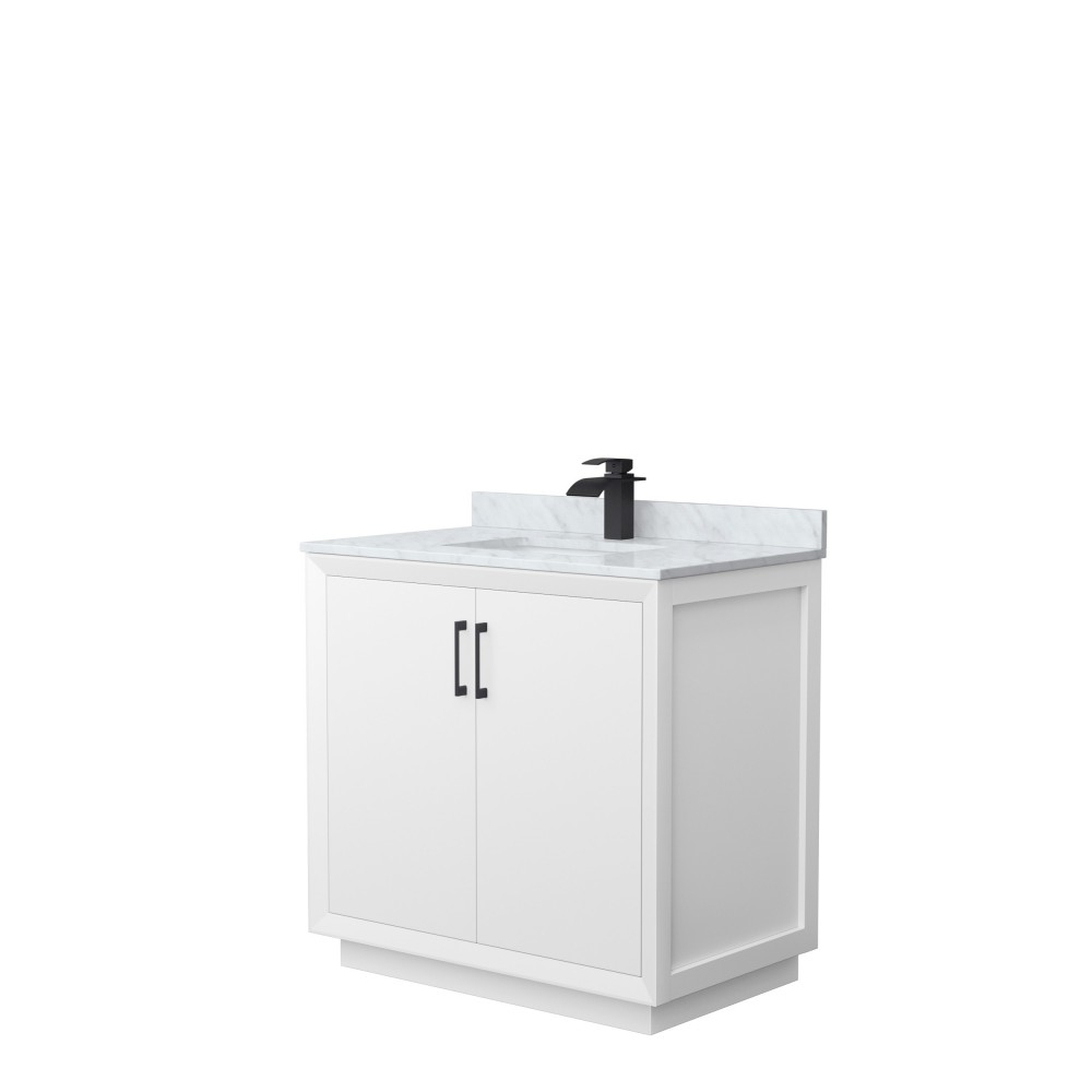 Strada 36" Single Vanity in White, White Carrara Marble Top, Sink, Black Trim