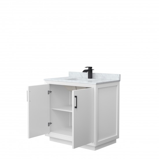 Strada 36" Single Vanity in White, White Carrara Marble Top, Sink, Black Trim