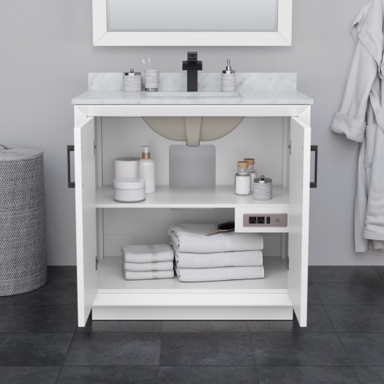 Strada 36" Single Vanity in White, White Carrara Marble Top, Sink, Black Trim