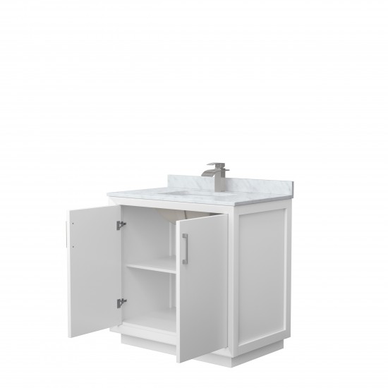 Strada 36" Single Vanity in White, White Carrara Marble Top, Sink, Nickel Trim