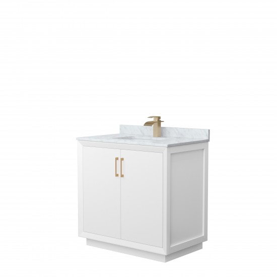 Strada 36" Single Vanity in White, White Carrara Marble Top, Sink, Bronze Trim