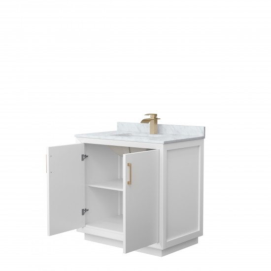 Strada 36" Single Vanity in White, White Carrara Marble Top, Sink, Bronze Trim