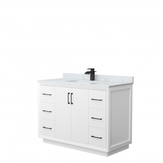 Strada 48" Single Vanity in White, White Carrara Marble Top, Sink, Black Trim