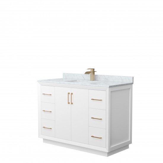 Strada 48" Single Vanity in White, White Carrara Marble Top, Sink, Bronze Trim