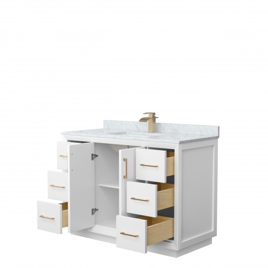 Strada 48" Single Vanity in White, White Carrara Marble Top, Sink, Bronze Trim