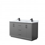 Strada 60" Double Vanity in Gray, White Carrara Marble Top, Sink, Black Trim