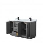 Strada 60" Double Vanity in Gray, White Carrara Marble Top, Sink, Black Trim