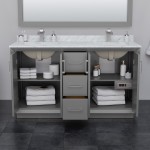 Strada 60" Double Vanity in Gray, White Carrara Marble Top, Sink, Black Trim