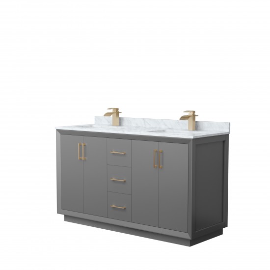 Strada 60" Double Vanity in Gray, White Carrara Marble Top, Sink, Bronze Trim