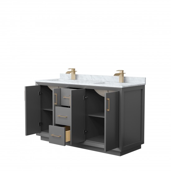 Strada 60" Double Vanity in Gray, White Carrara Marble Top, Sink, Bronze Trim