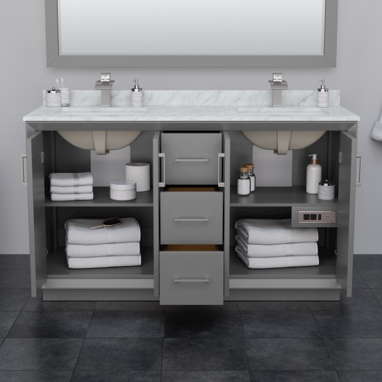 Strada 60" Double Vanity in Gray, White Carrara Marble Top, Sink, Bronze Trim