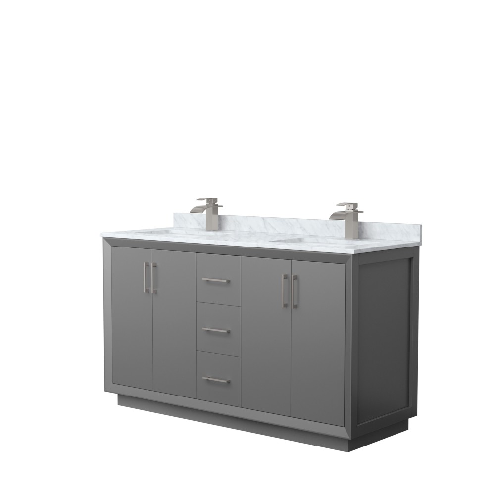 Strada 60" Double Vanity in Gray, White Carrara Marble Top, Sink, Nickel Trim