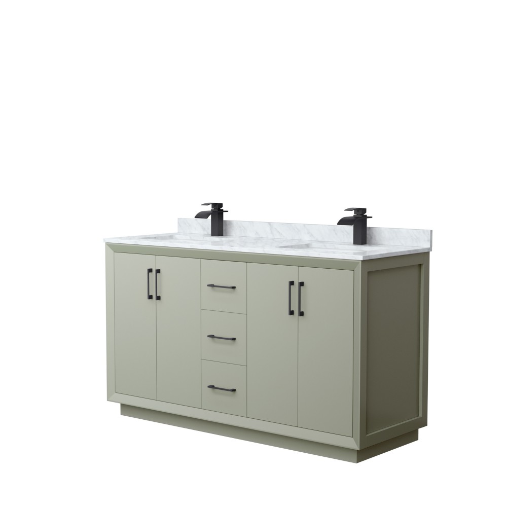 Strada 60" Double Vanity in Green, White Carrara Marble Top, Sinks, Black Trim