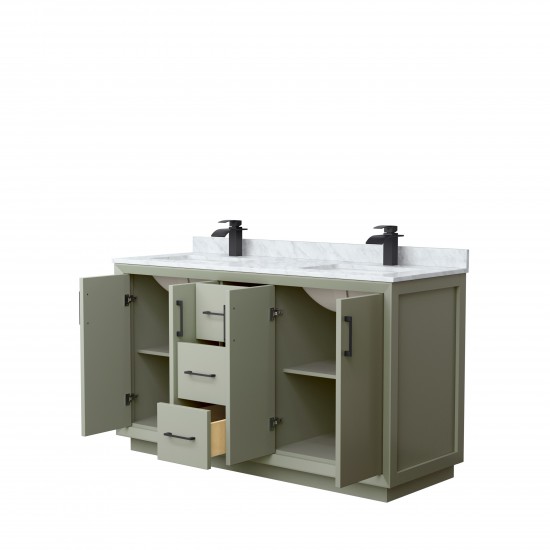 Strada 60" Double Vanity in Green, White Carrara Marble Top, Sinks, Black Trim