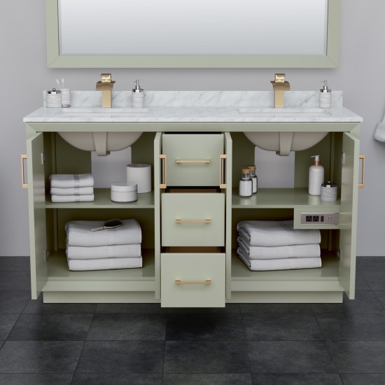 Strada 60" Double Vanity in Green, White Carrara Marble Top, Sinks, Black Trim