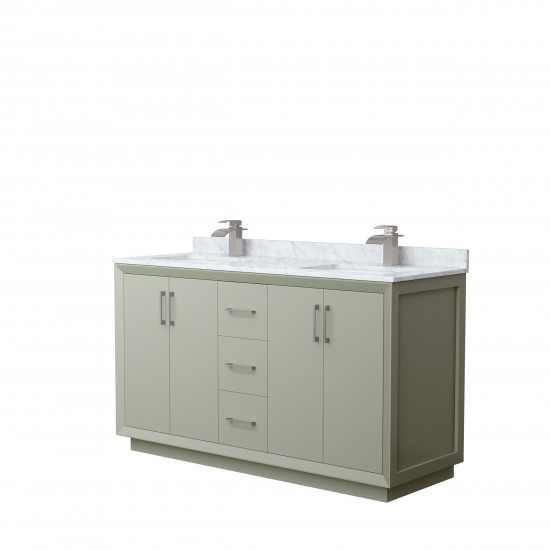 Strada 60" Double Vanity in Green, White Carrara Marble Top, Sinks, Nickel Trim