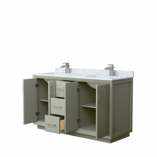 Strada 60" Double Vanity in Green, White Carrara Marble Top, Sinks, Nickel Trim