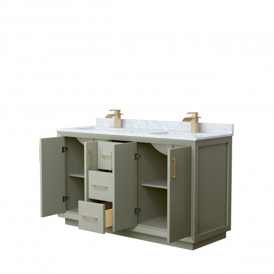 Strada 60" Double Vanity in Green, White Carrara Marble Top, Sinks, Bronze Trim