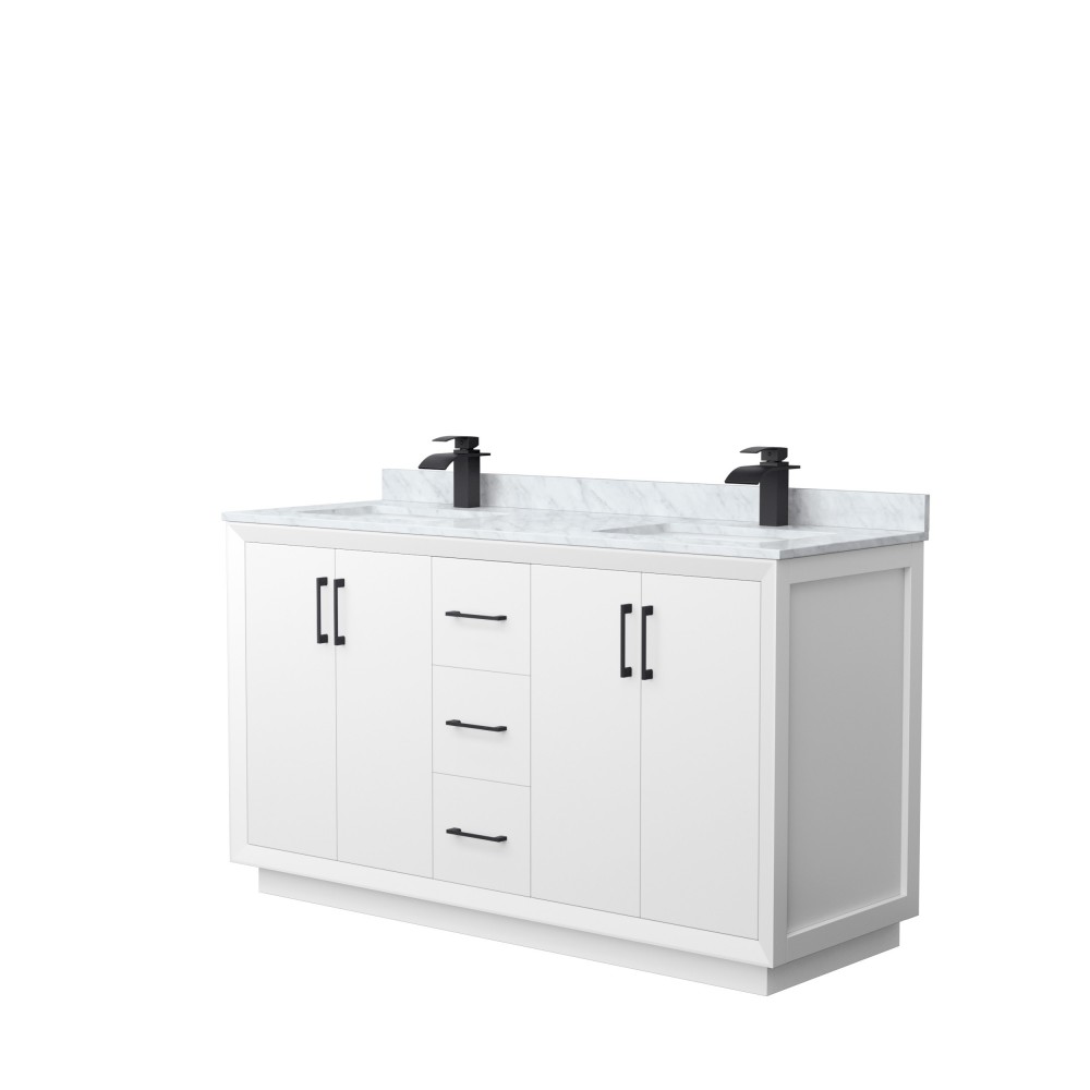 Strada 60" Double Vanity in White, White Carrara Marble Top, Sink, Black Trim Strada 60" Double Vanity in White, White Carrara Marble Top, Sink, Black Trim