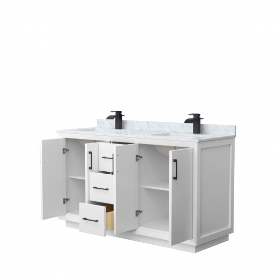 Strada 60" Double Vanity in White, White Carrara Marble Top, Sink, Black Trim