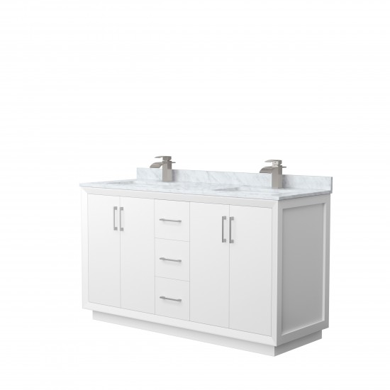 Strada 60" Double Vanity in White, White Carrara Marble Top, Sink, Nickel Trim