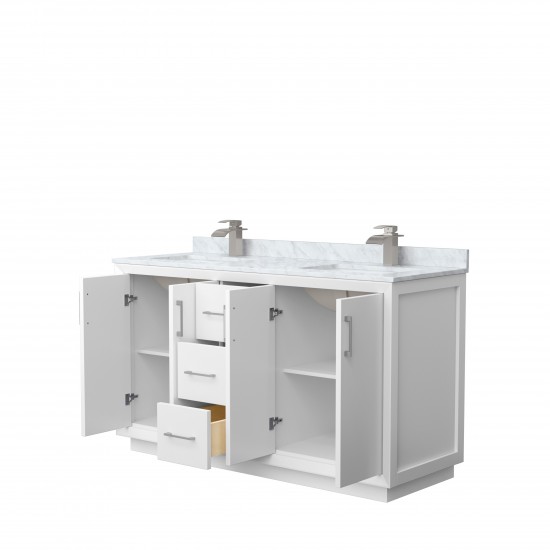 Strada 60" Double Vanity in White, White Carrara Marble Top, Sink, Nickel Trim