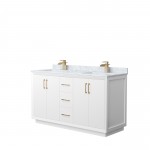 Strada 60" Double Vanity in White, White Carrara Marble Top, Sink, Bronze Trim