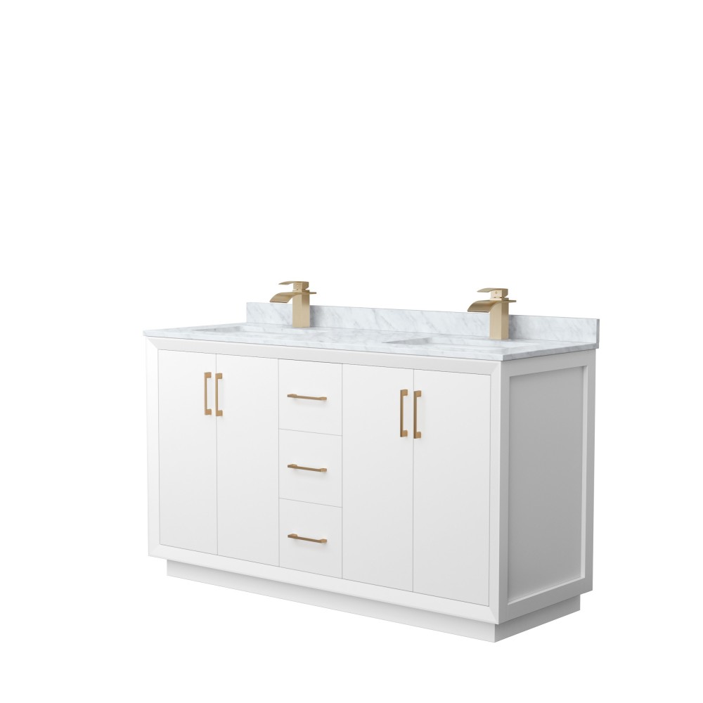 Strada 60" Double Vanity in White, White Carrara Marble Top, Sink, Bronze Trim