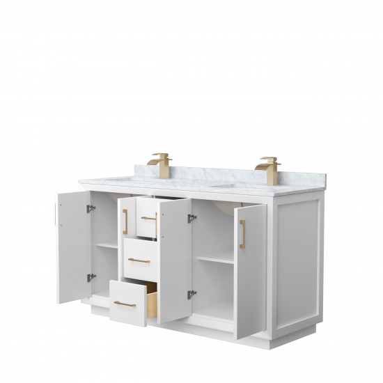 Strada 60" Double Vanity in White, White Carrara Marble Top, Sink, Bronze Trim