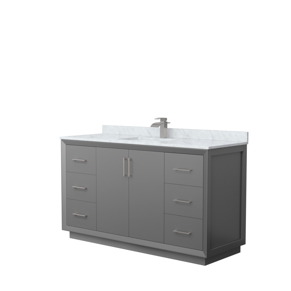 Strada 60" Single Vanity in Gray, White Carrara Marble Top, Sink, Nickel Trim