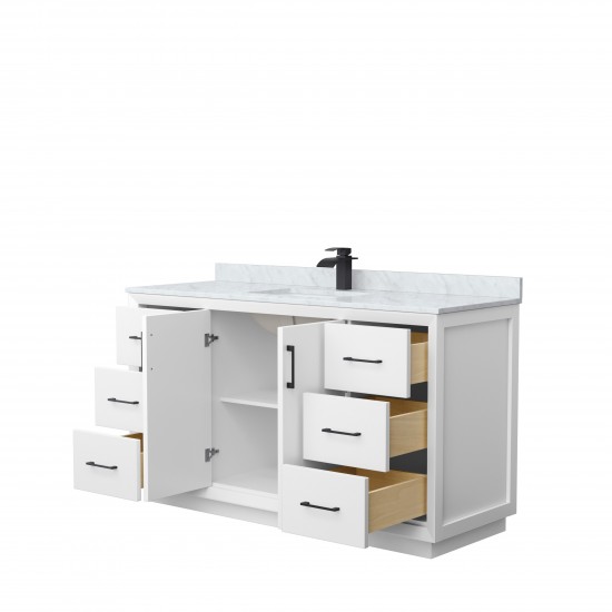 Strada 60" Single Vanity in White, White Carrara Marble Top, Sink, Black Trim