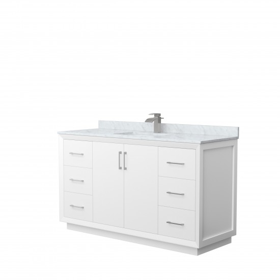 Strada 60" Single Vanity in White, White Carrara Marble Top, Sink, Nickel Trim