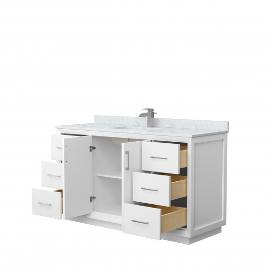 Strada 60" Single Vanity in White, White Carrara Marble Top, Sink, Nickel Trim