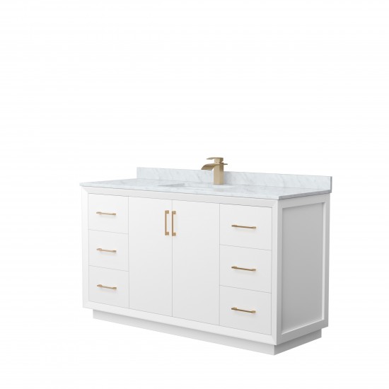 Strada 60" Single Vanity in White, White Carrara Marble Top, Sink, Bronze Trim